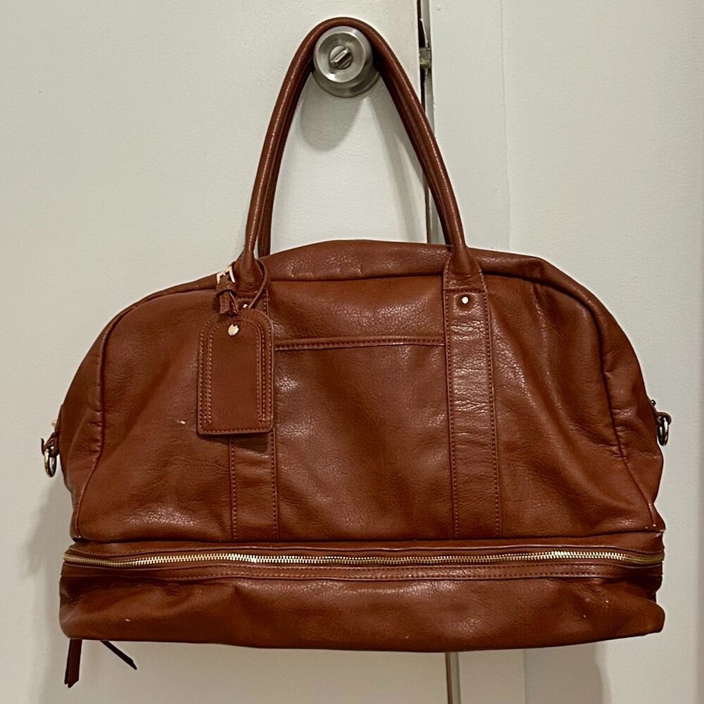 Sole Society Cognac Vegan Leather Weekender Bag with Shoe Compartment